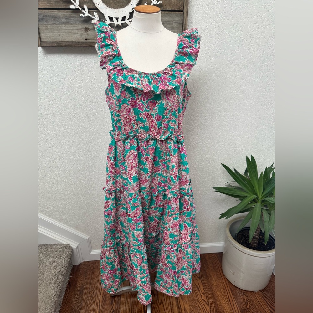 J. Crew Factory Pink and Green‎ Floral Swiss dot Sun dress midi size 12